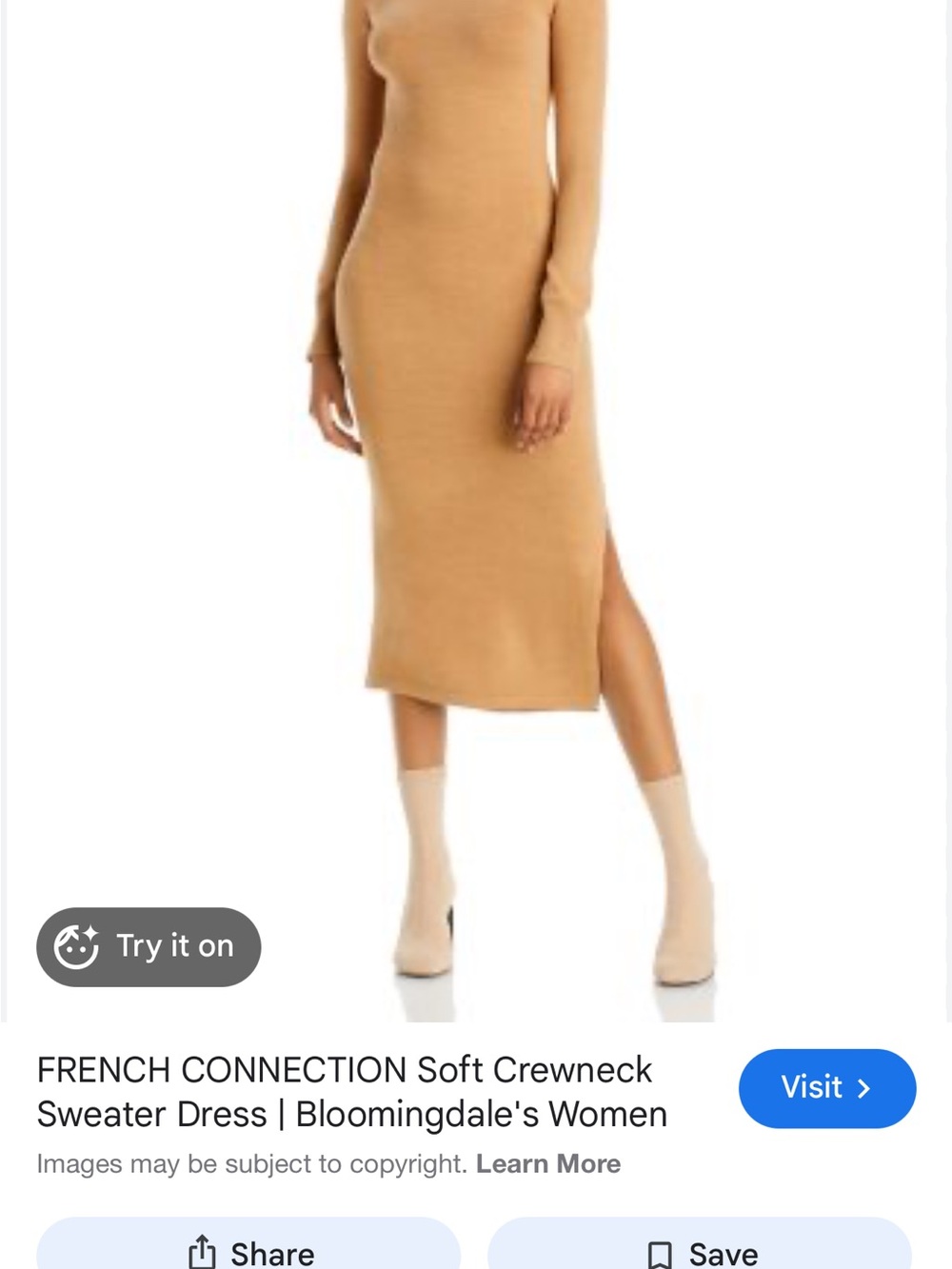 French Connection Camel Ribbed Knit Midi Skirt with Side Slit